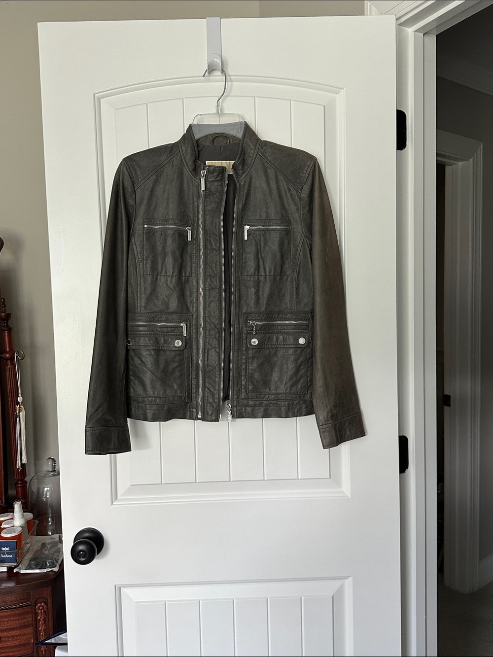 Michael Kors Classic Zip-Front Leather Jacket in Gray
